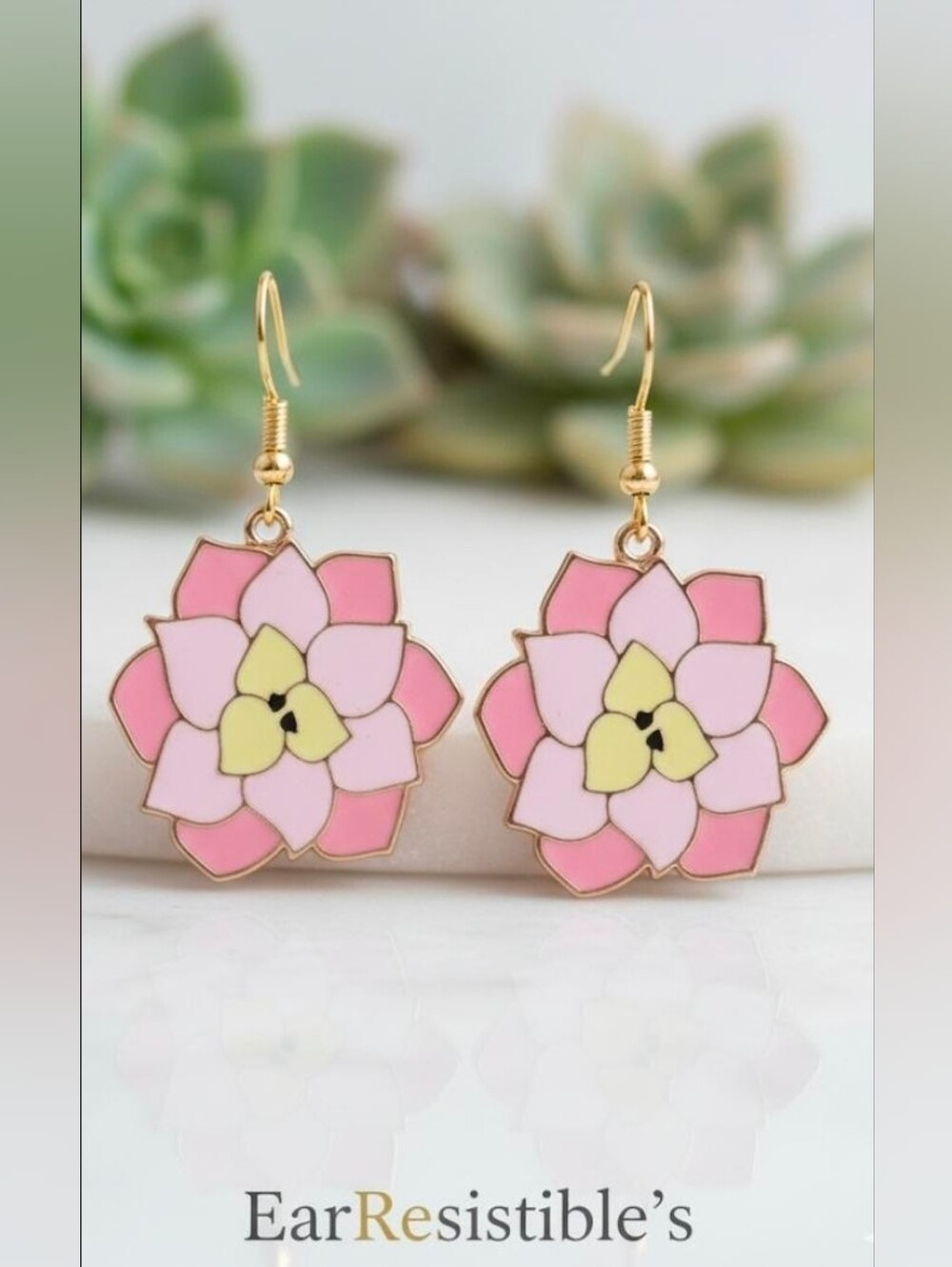 Enamel Pink and Yellow Flower Earrings